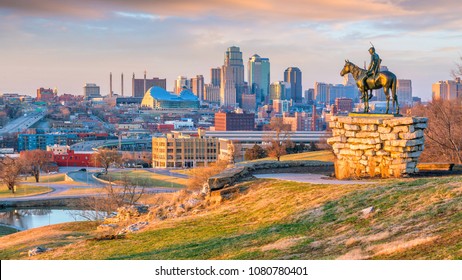 The Scout overlooking(108 years old statue) in downtown Kansas City. It was conceived in 1910  - Shutterstock ID 1080780401