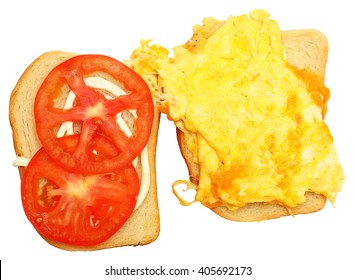 Scrambled Egg And Cheese Sandwich Open With Tomato Isolated Over White