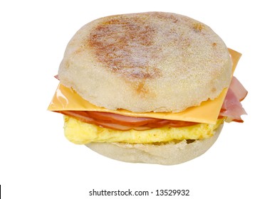 Scrambled Egg Ham Cheese Sandwich On An English Muffin