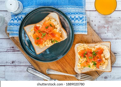 Scrambled Egg On Toast With Smoked Salmon - Overhead View