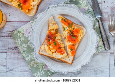 Scrambled Egg On Toast With Smoked Salmon - Overhead View