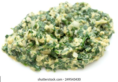 Scrambled Egg With Spinach, Onion And Basil. Italian Style Uova Strapazzate Al Verde, On A White Plate.