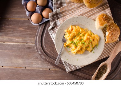 Scrambled Eggs With Buns, Herbs Inside, Fast And Delicious Breakfast