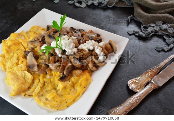 Scrambled Eggs Mushrooms Cottage Cheese Stock Photo Edit Now