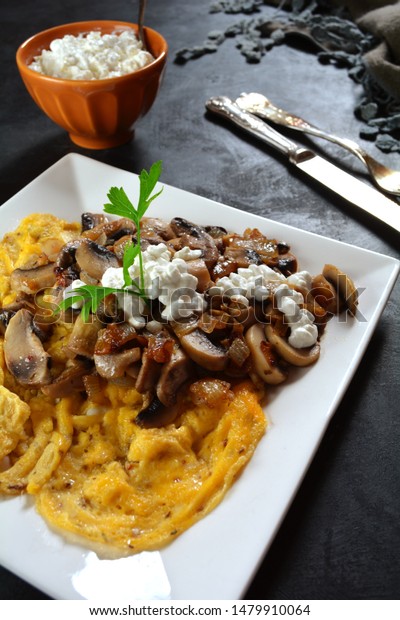 Scrambled Eggs Mushrooms Cottage Cheese Stock Photo Edit Now