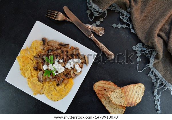 Scrambled Eggs Mushrooms Cottage Cheese Stock Photo Edit Now