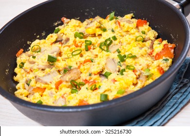 Scrambled Eggs With Mushrooms And Vegetables In A Frying Pan