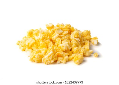 Scrambled Eggs Or Omelet Isolated On White Background. Breakfast Fried Eggs Stirred Or Beaten Together With Salt And Butter. Morning Hot Omelette, Fresh Omlet