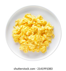 Scrambled eggs on plate isolated on white background. Top view, flat lay