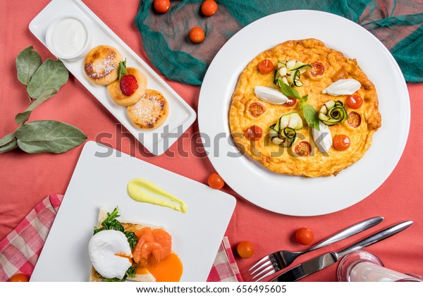 Scrambled Eggs Pancakes Cottage Cheese Poached Stock Photo Edit