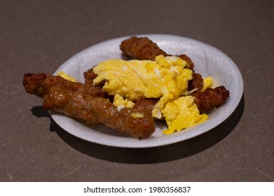 Scrambled Eggs Sausage Links Breakfast Food Plate Morning