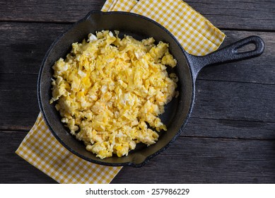 Scrambled Eggs In Vintage Frying Iron Pan, Overhead View