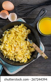 Scrambled Eggs In Vintage Frying Iron Pan, Overhead View