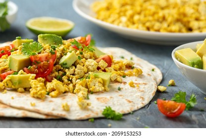 Scrambled Tofu Tacos With Avocado, Tomatoes And Green Herbs. Healthy Vegan Breakfast.