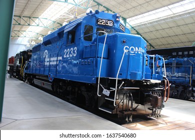 Scranton, PA / USA - 06.26.2015: Restored Conrail Locomotive Diesel Train Engine On Display At The Pennsylvania Railroad Museum.