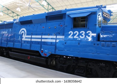 Scranton, PA / USA - 06.26.2015: Restored Conrail Locomotive Diesel Train Engine 2233 On Display At The Pennsylvania Railroad Museum.