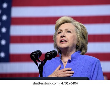 SCRANTON, PA, USA - AUGUST 15, 2016: Democratic presidential nominee Hillary Clinton speaks with the American Flag in the background at a campaign rally at Riverfront Sports.
