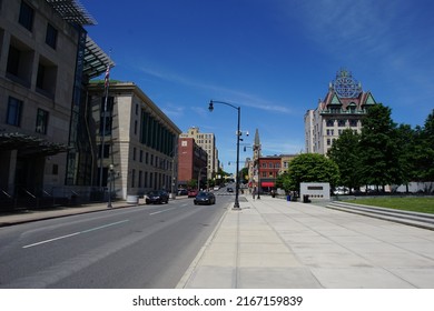 Scranton, Pennsylvania, USA - June 5, 2022: Streetscape of Washington Avenue in downtown Scranton