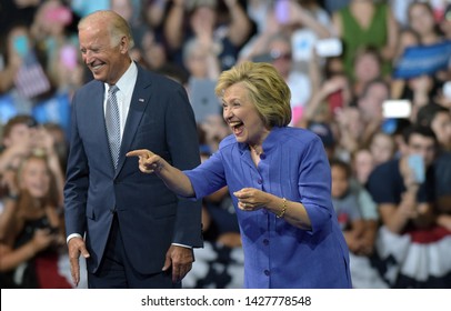 SCRANTON, PENNSYLVANIA/USA – AUGUST 15, 2016: Presidential candidate Hillary Clinton appears during a rally alongside Vice President Joe Biden on Aug. 15, 2016, in Scranton, Pennsylvania.