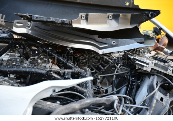 Scrap at a car repair shop in the\
province of Alicante, Costa Blanca, Spain, January 27,\
2020