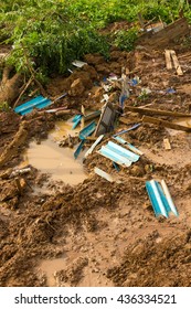 Scrap The Roof Of The House Mingled With The Soil, Landslide Caused By River Erosion.