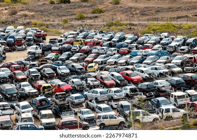 Scrap Yard With Pile Of Crushed Cars in tenerife canary islands spain