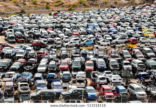 Scrap Yard With Pile Of Crushed Cars in tenerife\
canary islands spain