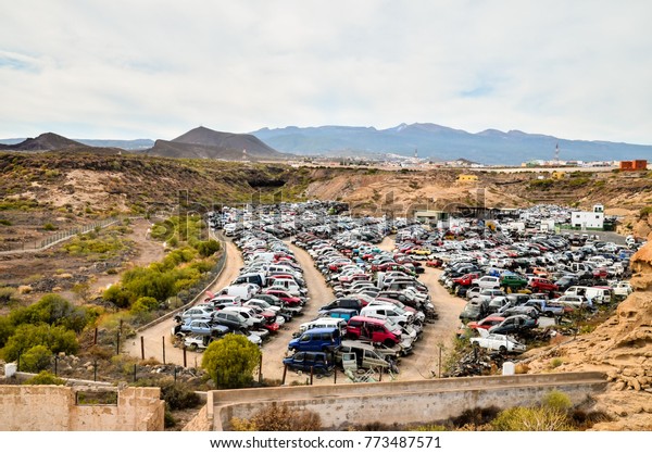 Scrap Yard With Pile Of Crushed Cars in tenerife\
canary islands spain