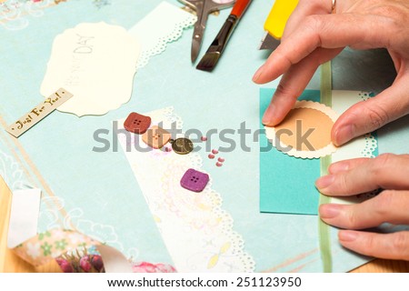 scrapbook background. Card and tools with decoration  