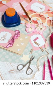 scrapbook background. process of creating a postcard - Card and tools with decoration 