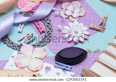 scrapbook background. process of creating a postcard - Card and tools with decoration 