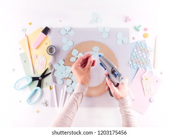 Scrapbooking master class. Diy. Make a spring decor for interior - floral wreath made of paper. Pastel colors. Women's hobby. Step by step