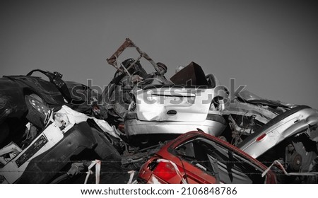 scrapped cars on a big pile, old smashed cars, warehouse or scrap collection