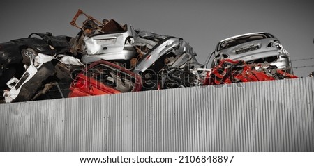 scrapped cars on a big pile, old smashed cars, warehouse or scrap collection