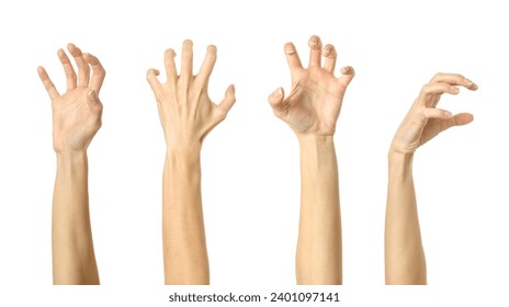Scratch, catch or grab something. Multiple images set of female caucasian hand with french manicure showing Scratch gesture isolated over white background