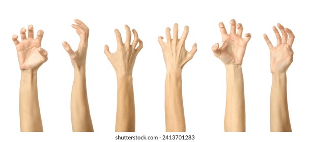 Scratch, catch or grab something. Multiple images set of female caucasian hand with french manicure showing Scratch gesture isolated over white background