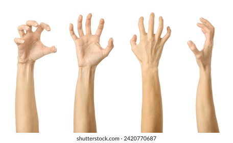Scratch, catch or grab something. Multiple images set of female caucasian hand with french manicure showing Scratch gesture isolated over white background