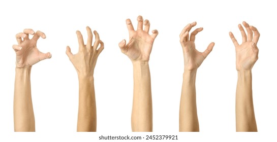 Scratch, catch or grab something. Multiple images set of female caucasian hand with french manicure showing Scratch gesture isolated over white background