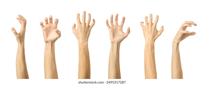 Scratch, catch or grab something. Multiple images set of female caucasian hand with french manicure showing Scratch gesture isolated over white background