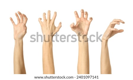 Scratch, catch or grab something. Multiple images set of female caucasian hand with french manicure showing Scratch gesture isolated over white background