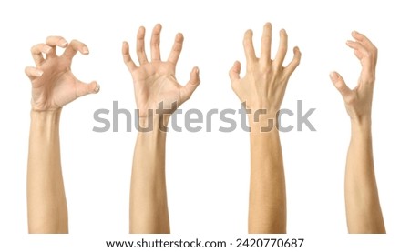 Scratch, catch or grab something. Multiple images set of female caucasian hand with french manicure showing Scratch gesture isolated over white background