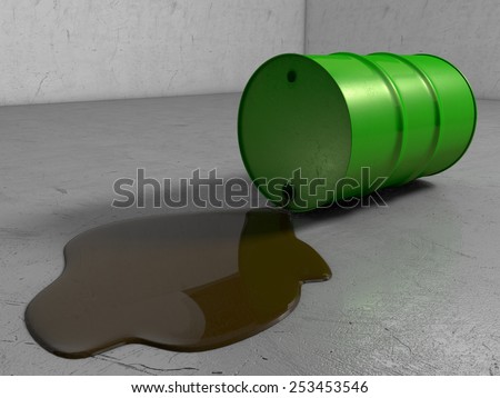 A Scratched Green metal Oil drum lying on its side whilst leaking oil onto scratchy Surface