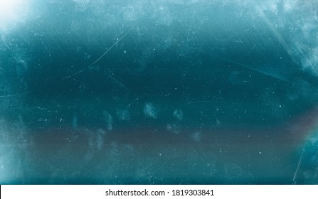 Scratched Ice Background. Aged Glass Texture. Teal Blue Old Window Effect Overlay With Dust.