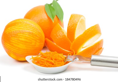 Scratched Orange By Zester And Zest,  Isolated On A White Background 