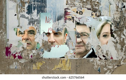 Scratched Posters In The Streets, Paris April 21, 2017 - French Elections - With Marine Lepen, Jean-luc Mélenchon, François Fillon And Emmanuel Macron