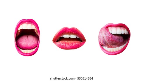 Scream, Lips Mouth, Set Of Three Sexy Female Lips With Different Emotions Isolated On White Background. Lips, Tongue And Teeth Of A Young Girl With A Pink Lipstick. Female Face Desire