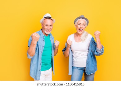 Scream Shout Rest Relax Weekend Conquer Team Unity Concept. Photo Portrait Of Cheerful Amazed Crazy Modern Beautiful Funky Cool Old Parents Guy Rejoicing Showing Fists Isolated On Bright Background