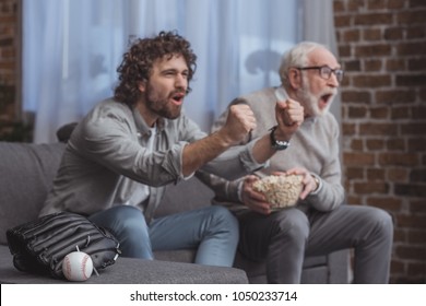 screaming adult son and senior father cheering on baseball team and watching game at home - Shutterstock ID 1050233714