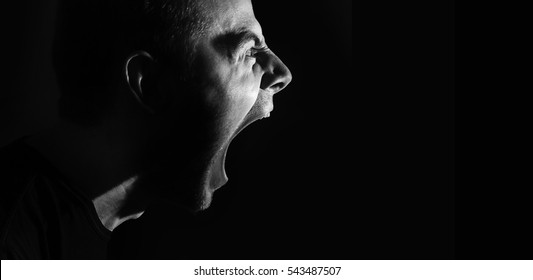 Screaming Angry Aggressive Militant Guy, Man, Black And White Portrait, Evil