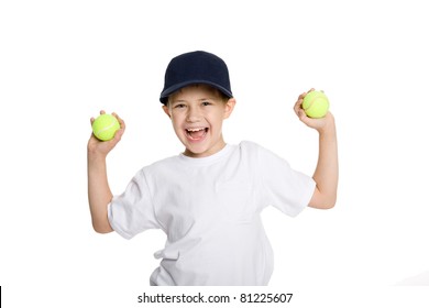 Screaming boy with tennis balls. Isolated on white.